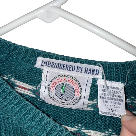 Cape Isle Knitters Vintage Teal Fair Isle Knit Sweater Hand Embroidered Small - Picture 7 of 8